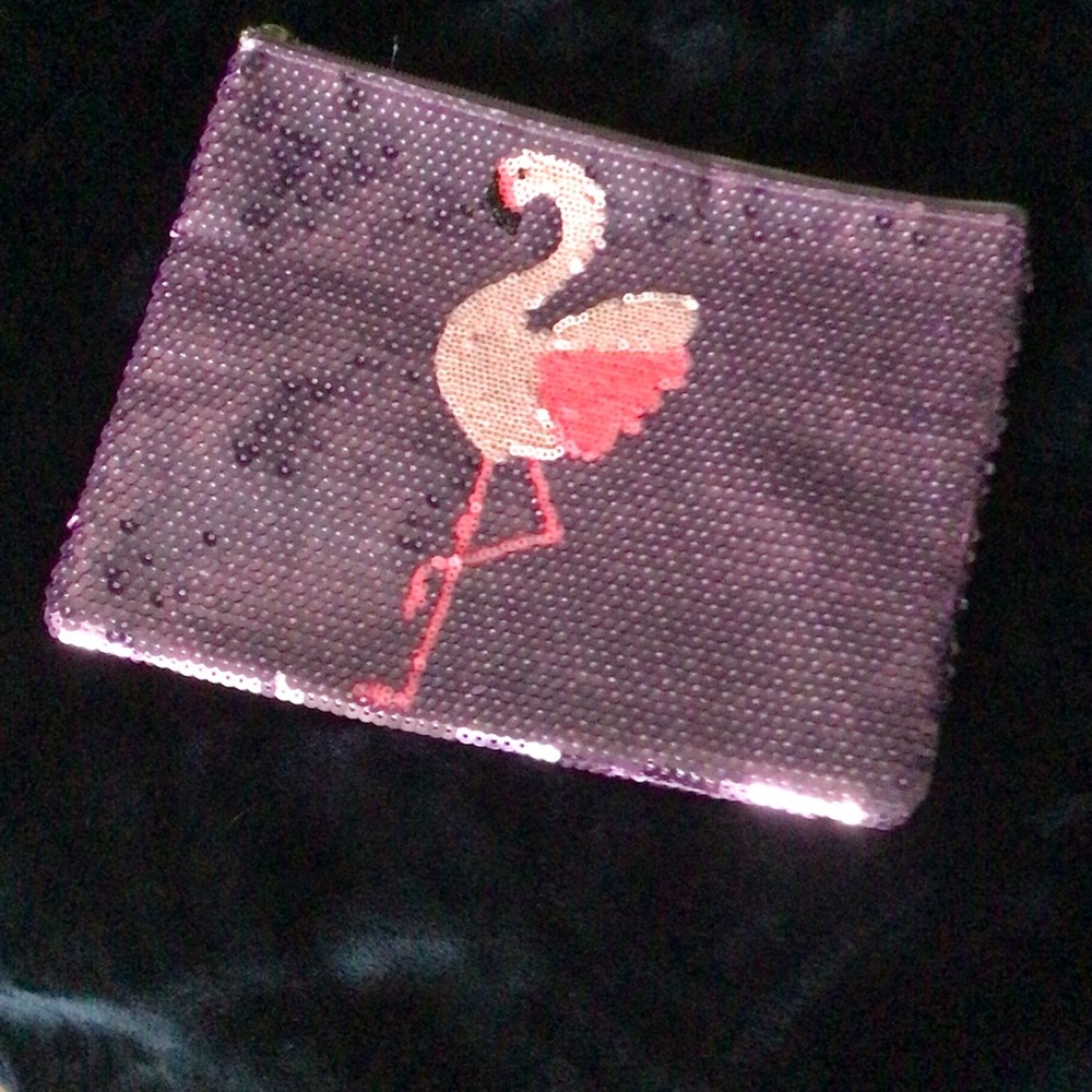 Tarte Purple Sequin Cosmetic Bag with Flamingo Design